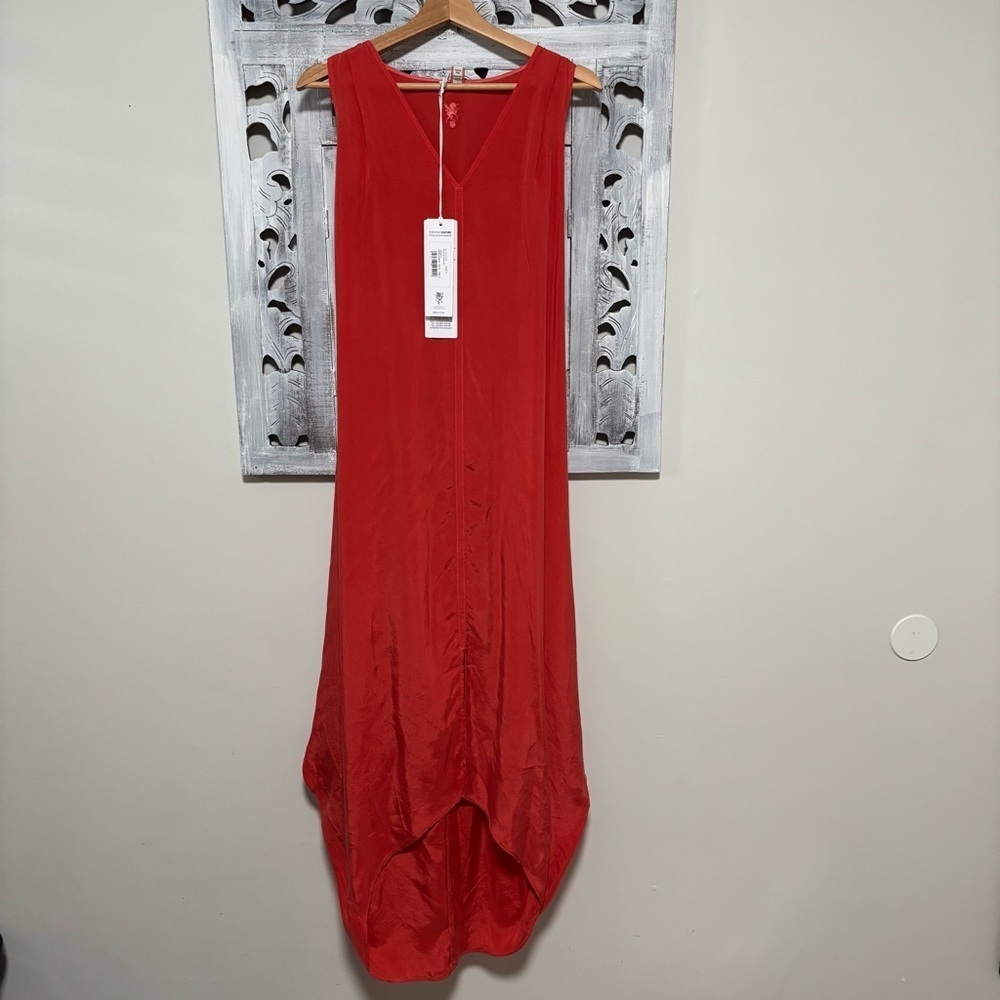 NEW European Culture Trapeze Red/Orange Silky Sleeveless Tie Waist Cocoon Dress - Picture 2 of 10